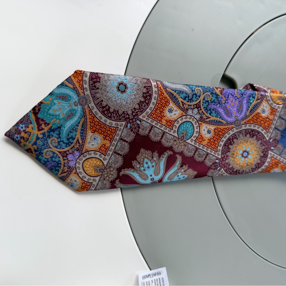 Ermenegildo Zegna Burgundy Paisley Silk Tie with Teal, Orange, Purple